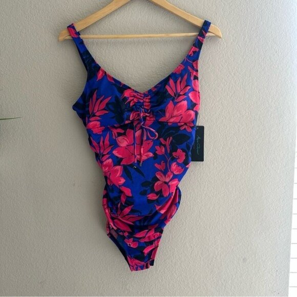 Aqua Green Blue and Pink One Piece Swimsuit V-Neck Ruching Size Large - Picture 4 of 15